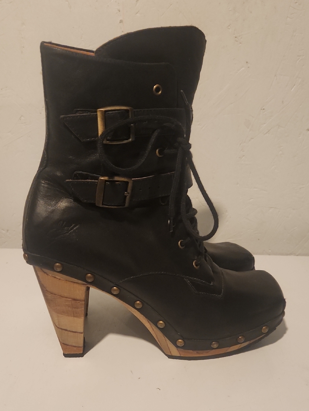 John Fluevog Black Leather Lace-Up & Buckle Clog-Heel Ankle Boots